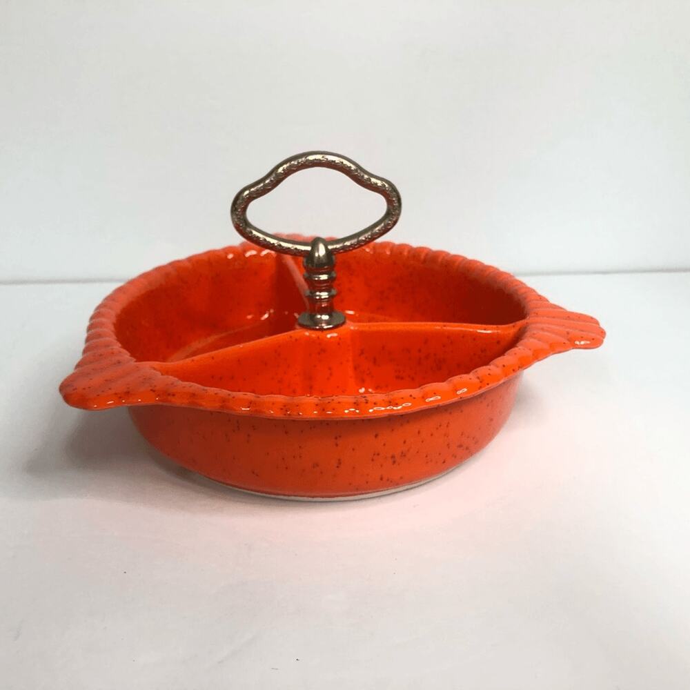 orange speckled dish 3 divided serving tray 70s halloween california pottery usa